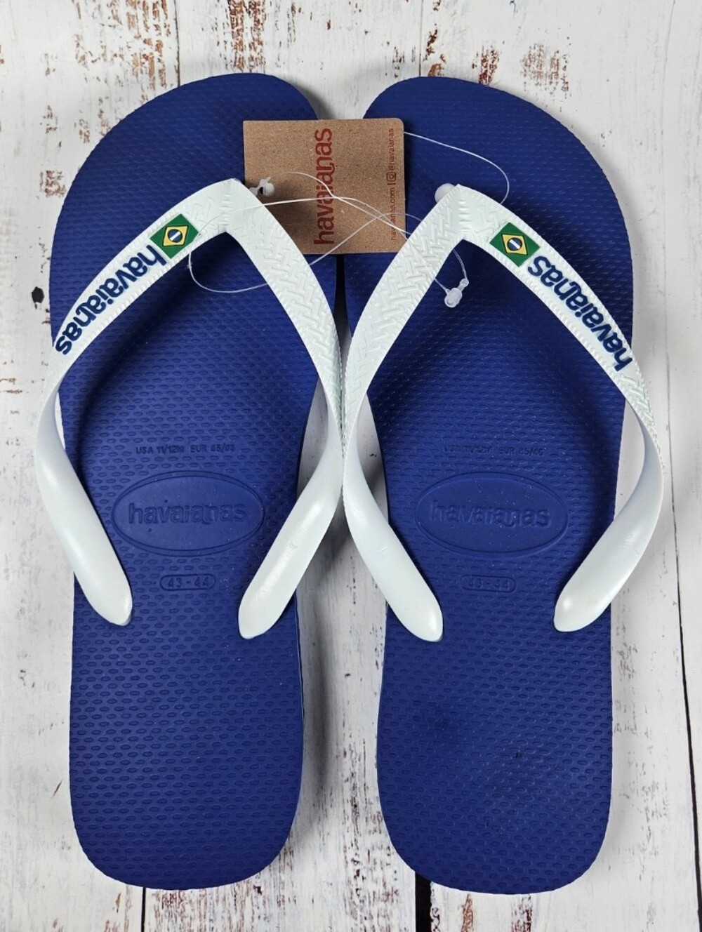 NWT Havaianas Brazil Flip Flops / Blue Bottom w/White Straps / Size USA 11/12M